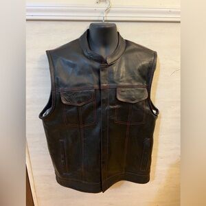 XElement Black Leather Vest with Red Contrast Stitching USA Flag Lining